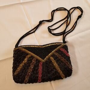 Made in Macau 9x6 inches black , red and gold seed beads excellent condition